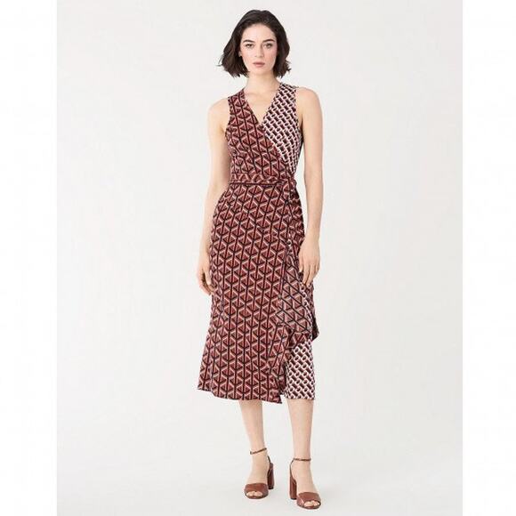 NWT Diane von Furstenberg Moira Silk Wrap Midi Dress Geo Tiles 3D Chain $498 - Picture 1 of 5